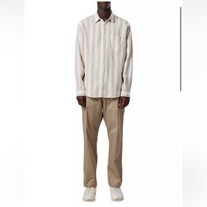 NN07  No Nationality Deon Striped Button-Front Shirt in Khaki Stripe S NWOT